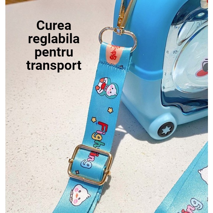 Sticla cu pai pentru copii, , model ursulet, gradata, stickere aplicate, curea reglabila, din plastic rezistent la cadere, 1l, Albastru, 20 x 13 cm - imagine 2