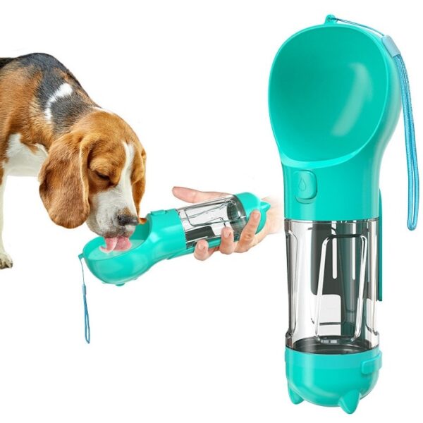 Sticla portabila 4 in 1 , pentru caini si pisici, cu 3 compartimente + lopetica, 300ml, apa, hrana, pungi igienice, lopetica, 26.7 x 9.7 x 9.4 cm, turcoaz - imagine 2