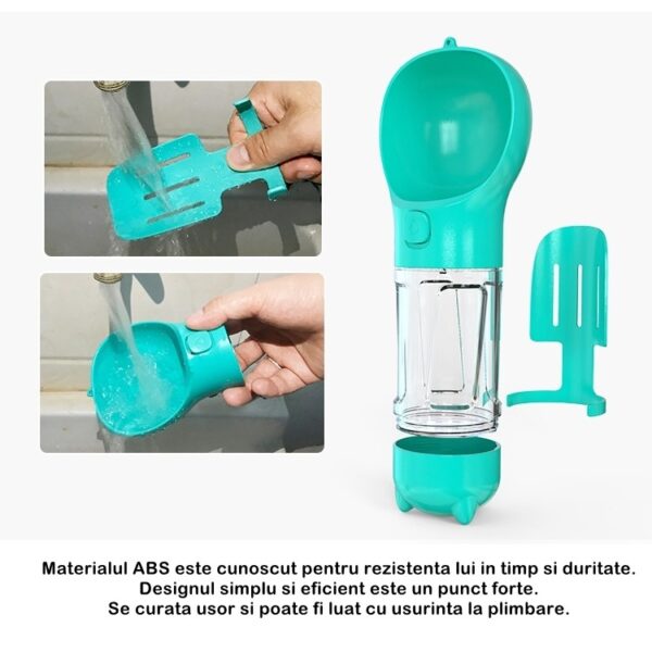 Sticla portabila 4 in 1 , pentru caini si pisici, cu 3 compartimente + lopetica, 300ml, apa, hrana, pungi igienice, lopetica, 26.7 x 9.7 x 9.4 cm, turcoaz - imagine 3