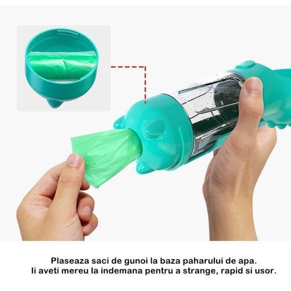 Sticla portabila 4 in 1 , pentru caini si pisici, cu 3 compartimente + lopetica, 300ml, apa, hrana, pungi igienice, lopetica, 26.7 x 9.7 x 9.4 cm, turcoaz - imagine 4