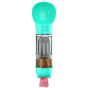 Sticla portabila 4 in 1 , pentru caini si pisici, cu 3 compartimente + lopetica, 300ml, apa, hrana, pungi igienice, lopetica, 26.7 x 9.7 x 9.4 cm, turcoaz