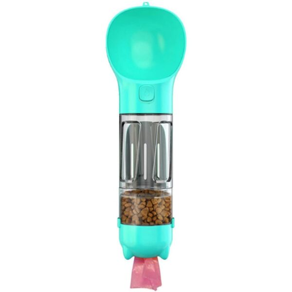 Sticla portabila 4 in 1 , pentru caini si pisici, cu 3 compartimente + lopetica, 300ml, apa, hrana, pungi igienice, lopetica, 26.7 x 9.7 x 9.4 cm, turcoaz