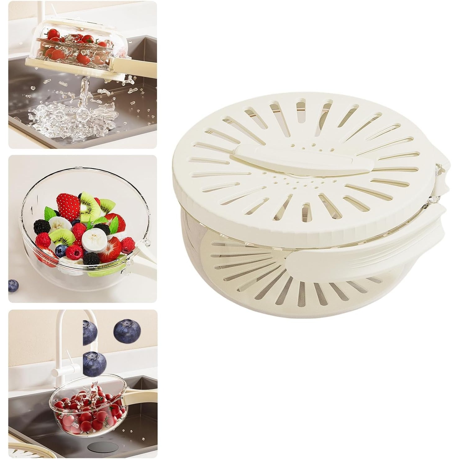 Strecuratoare 2 in 1 pentru Fructe si Legume, , Cos de Scurgere si Cutie de Depozitare, 15.5 x 8.3 cm, din PP, cu Maner si Capac, Alb - imagine 3