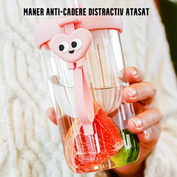 Pahar din silicon, cu capac si pai, pentru copii, , anti-cadere, compartiment pentru fructe/ceai/gheata, rezistent la temperaturi inalte, 500ml, Roz, 14.5x8.8x20 cm - imagine 2