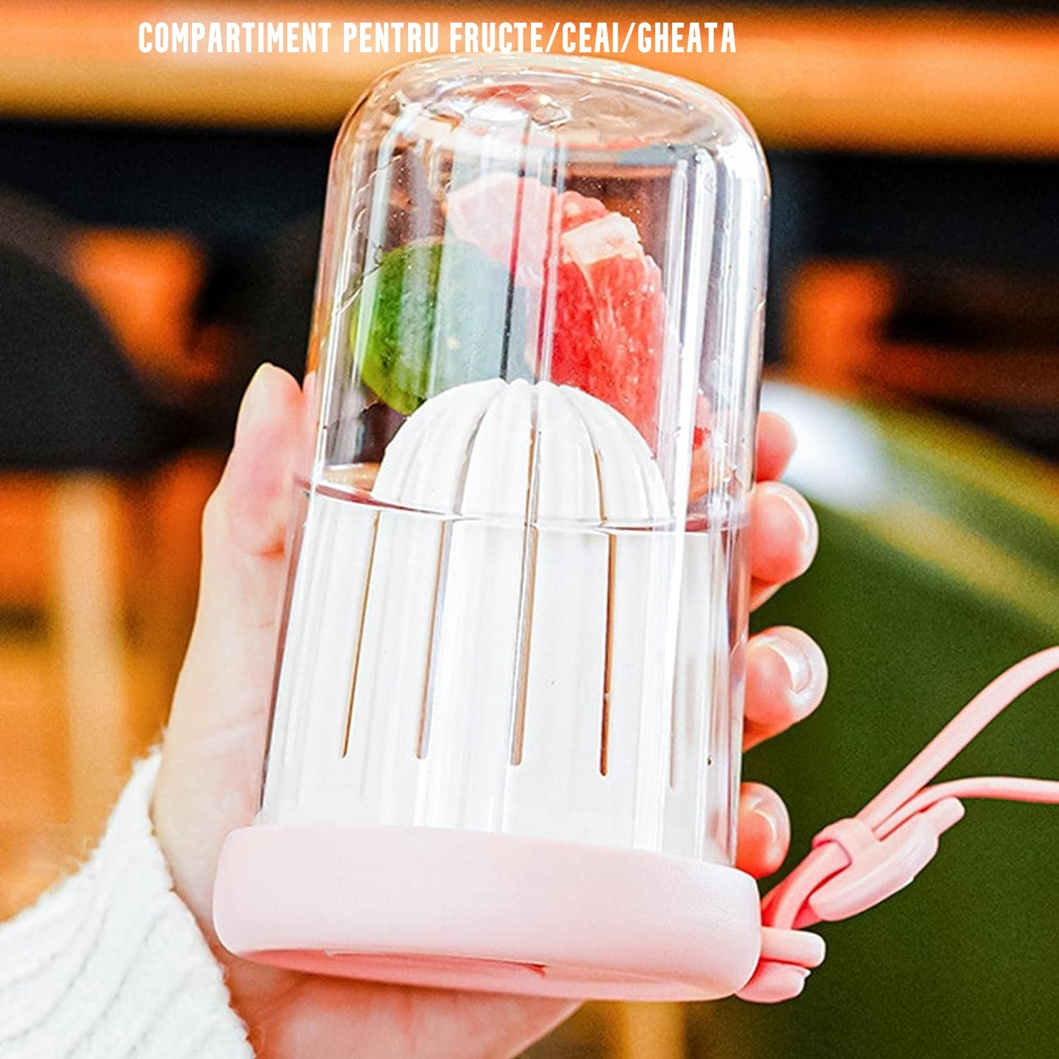 Pahar din silicon, cu capac si pai, pentru copii, , anti-cadere, compartiment pentru fructe/ceai/gheata, rezistent la temperaturi inalte, 500ml, Roz, 14.5x8.8x20 cm - imagine 3