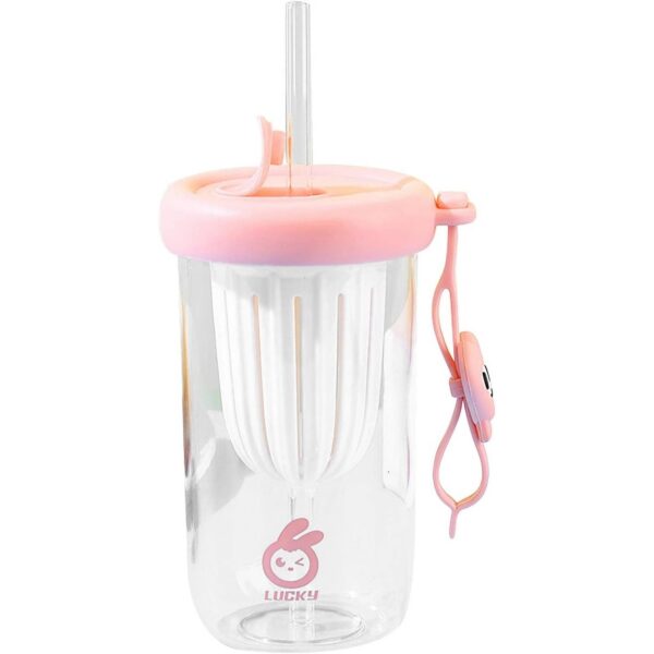 Pahar din silicon, cu capac si pai, pentru copii, , anti-cadere, compartiment pentru fructe/ceai/gheata, rezistent la temperaturi inalte, 500ml, Roz, 14.5x8.8x20 cm