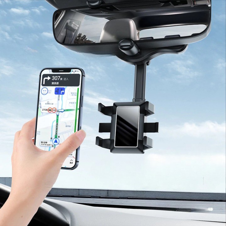 Suport auto  cu atasare la oglinda retrovizoare, model Y611, rotativ 360 de grade și retractabil, multifuncțional, compatibil cu toate telefoanele mobile, Negru - imagine 3