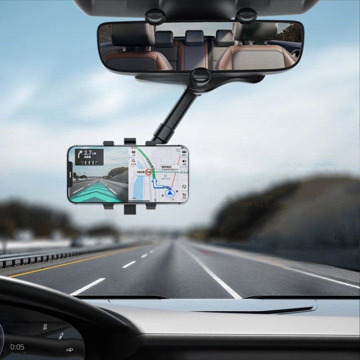 Suport auto  cu atasare la oglinda retrovizoare, model Y611, rotativ 360 de grade și retractabil, multifuncțional, compatibil cu toate telefoanele mobile, Negru - imagine 4