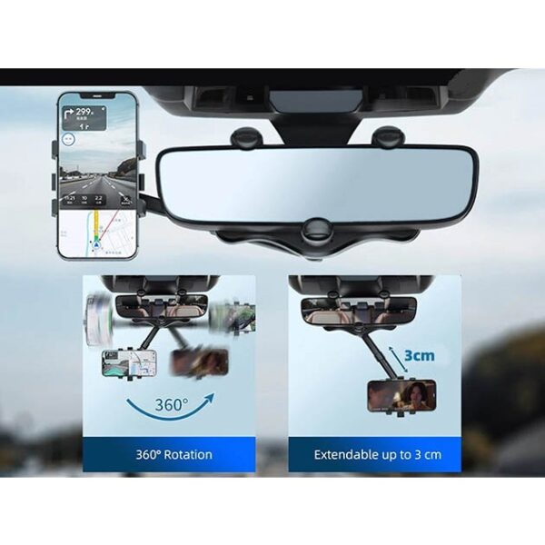 Suport auto  cu atasare la oglinda retrovizoare, rotativ 360 de grade È™i retractabil, multifuncÈ›ional, compatibil cu toate telefoanele mobile, Finisaj Carbon, Negru - imagine 3