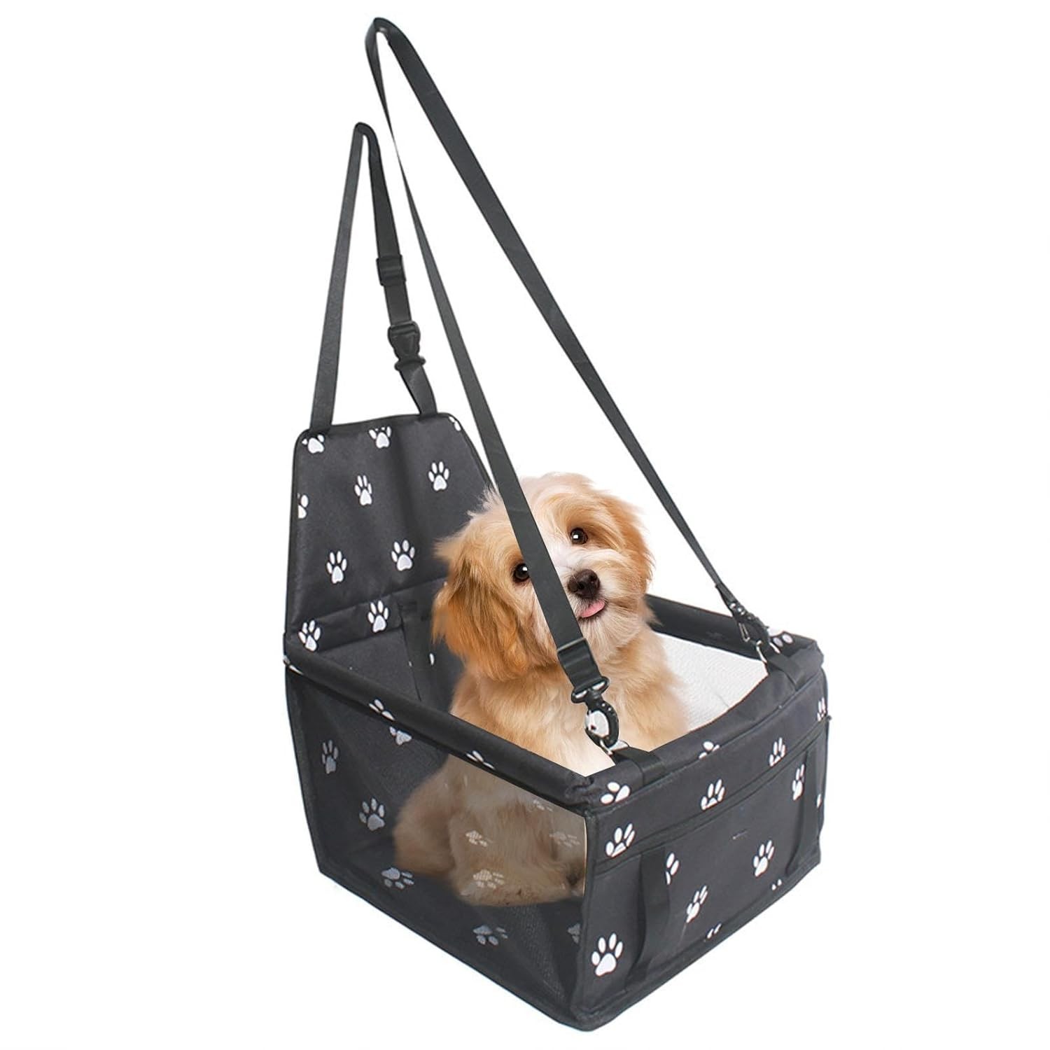Suport pentru Animalele de Companie, , pentru Masina, cu Prindere de Scaun si Centura de Siguranta, Negru cu Imprimeu, 40x32x42cm