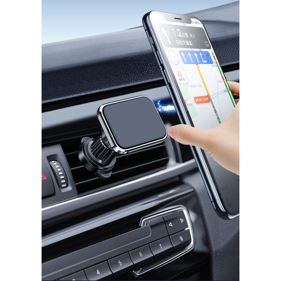 Suport Auto pentru Telefon, , MagSafe, cu Magnet, Prindere Grila de Ventilatie, Detalii Fine, Rotativ 360 de Grade, Plastic Magnet Silicon, 5.1x3.9 cm, Negru Argintiu - imagine 3