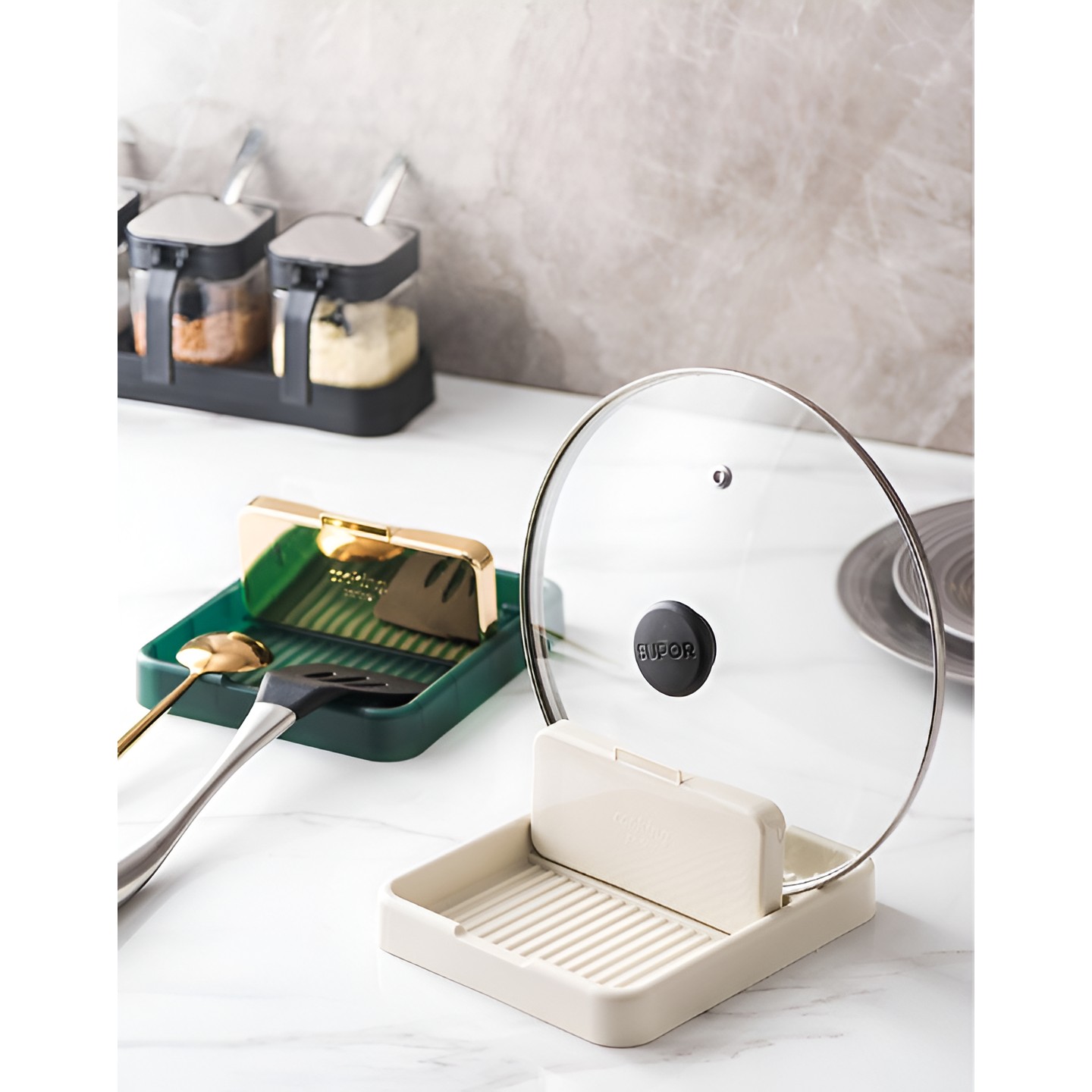 Suport Pliabil, , pentru Capace, Linguri, Multifunctional, Plasare pe Blatul de Bucatarie, 18.9x16.2x2.6 cm, Crem - imagine 3