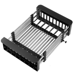 Suport Scurgere Extensibil pentru Bucatarie, , Uscator Vase din Otel Inoxidabil, Suport Tacamuri si Pahare, Suport pentru Fructe si Legume, 29 x 22 x 9.5 cmÂ Negru