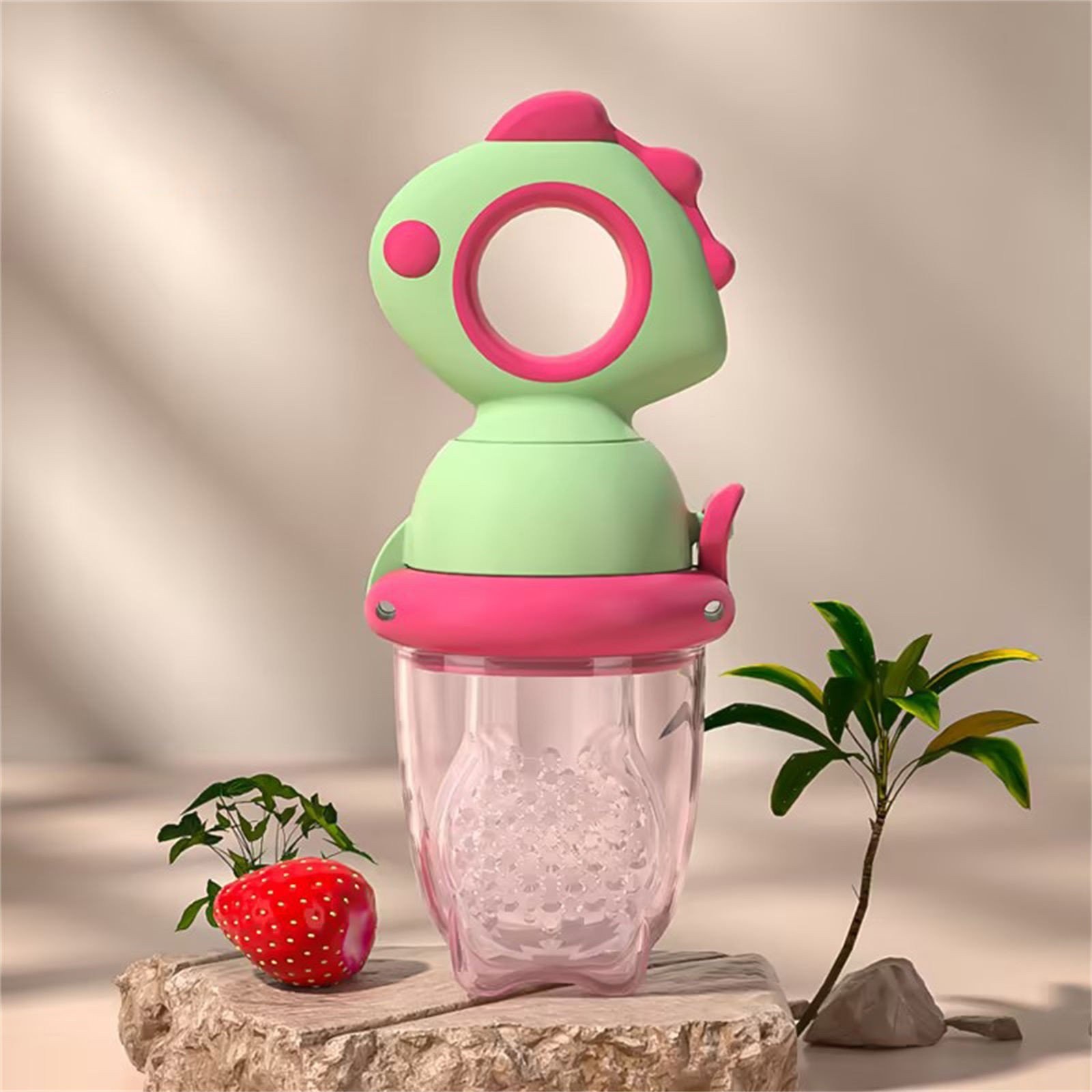 Suzeta pentru Fructe, , pentru Bebelusi, din Silicon Alimentar, +4 Luni, 2 mm Grosime Gauri Tetina, 12.4 x 5.1 x 4.7 cm, Verde/Fucsia - imagine 3