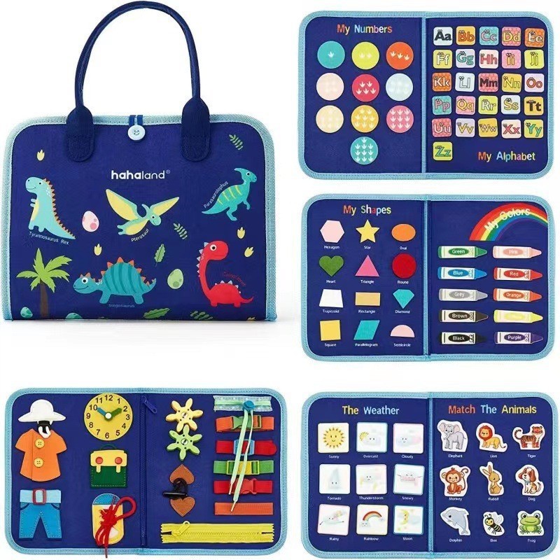 Carte Senzoriala Educativa Montessori, , Dezvoltare Abilitati Motorii, 5 Pagini, Model Dinozauri, 28x22x7 cm, Albastru