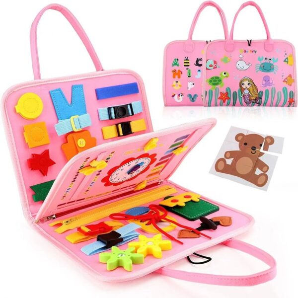 Carte Senzoriala Educativa Montessori, , Dezvoltare Abilitati Motorii, 3 Pagini, Model Sirena si Alfabet, 28x25x4 cm, Roz - imagine 3