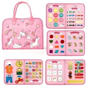 Carte Senzoriala Educativa Montessori, , Dezvoltare Abilitati Motorii, 5 Pagini, Model Unicorni, 28x22x7 cm, Roz