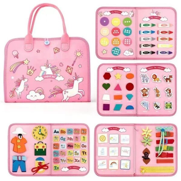 Carte Senzoriala Educativa Montessori, , Dezvoltare Abilitati Motorii, 5 Pagini, Model Unicorni, 28x22x7 cm, Roz