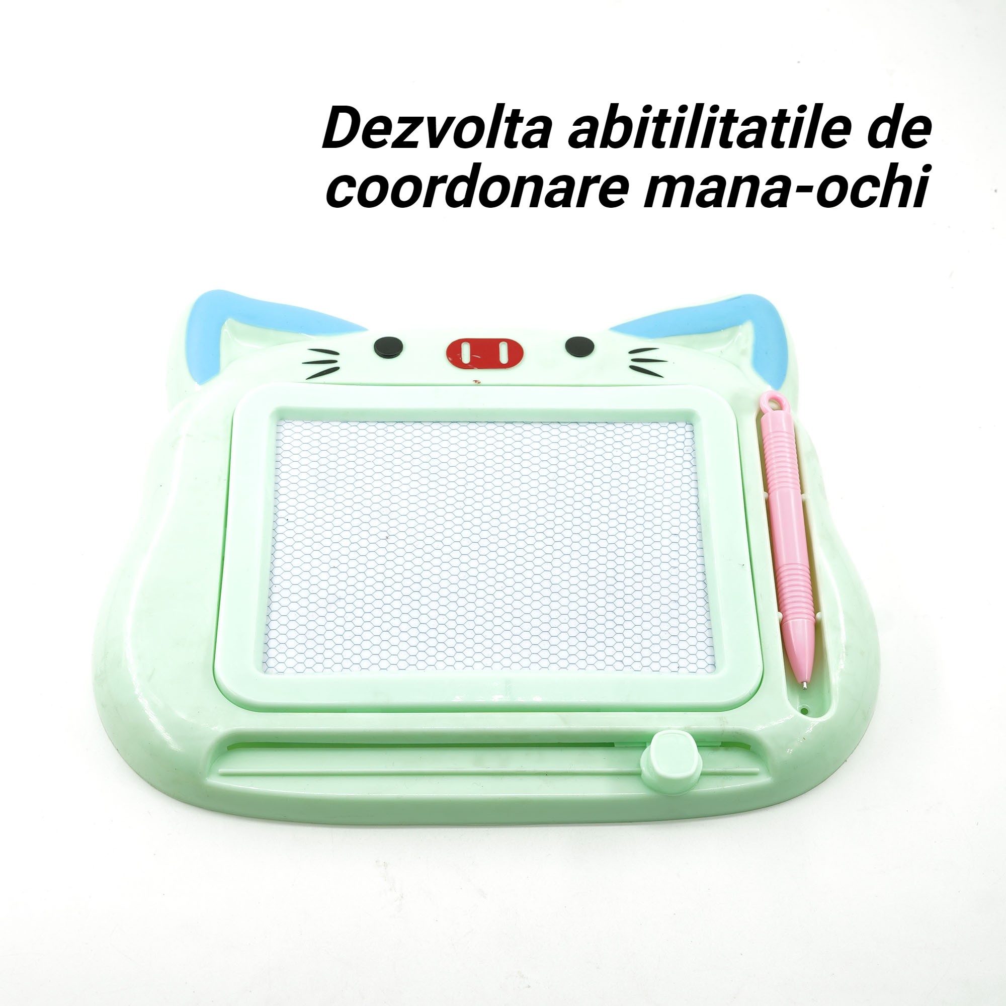 Tablita Magnetica de Scris si Desenat, , Model Pisica, cu Creion, Dimensiuni 23.2x18.5 cm, Suprafata Desen 14.6x10.4 cm, Dezvolta Imaginatia si Creativitatea, Incurajeaza Exersarea Scrisului, Verde - imagine 4