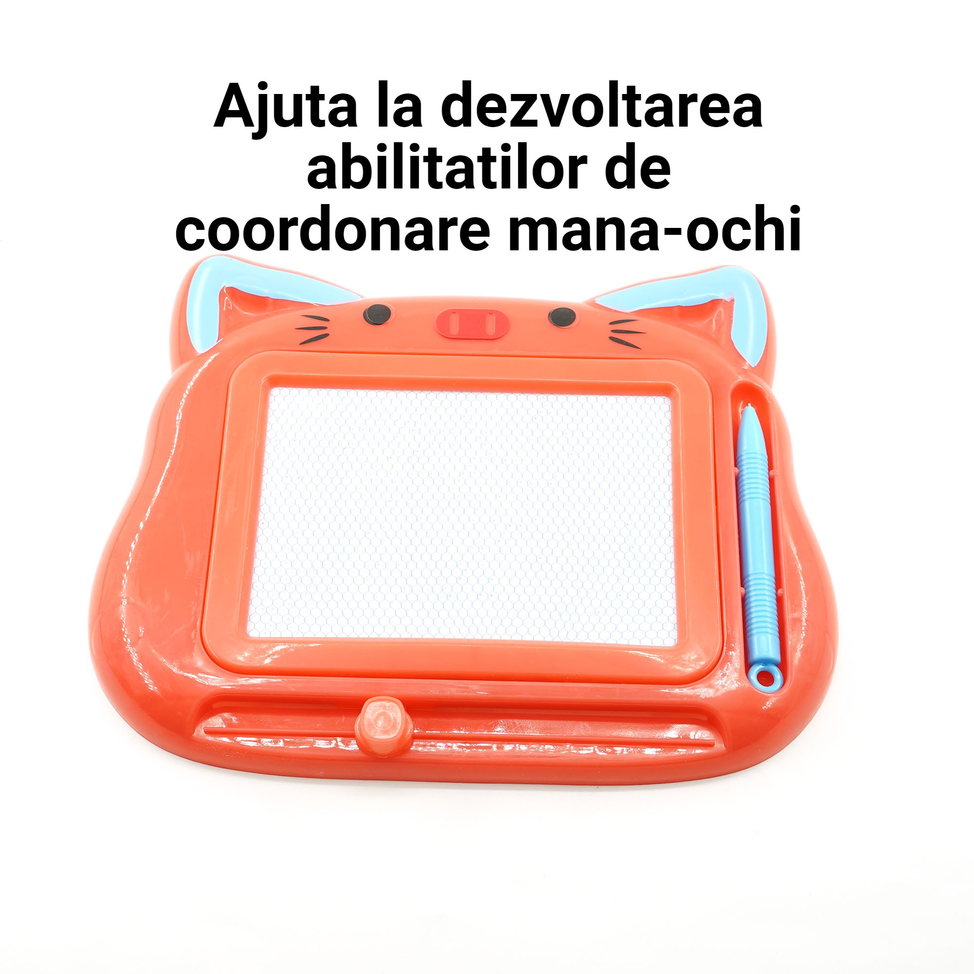 Tablita Magnetica de Scris si Desenat, , Model Pisica, cu Creion, Dimensiuni 23.2x18.5 cm, Suprafata Desen 14.6x10.4 cm, Dezvolta Imaginatia si Creativitatea, Incurajeaza Exersarea Scrisului, Rosu - imagine 4