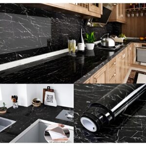 Tapet Autocolant pentru Bucatarie, , Rola cu Efect de Marmura, Folie Autoadeziva, 40cmx100cm, Negru