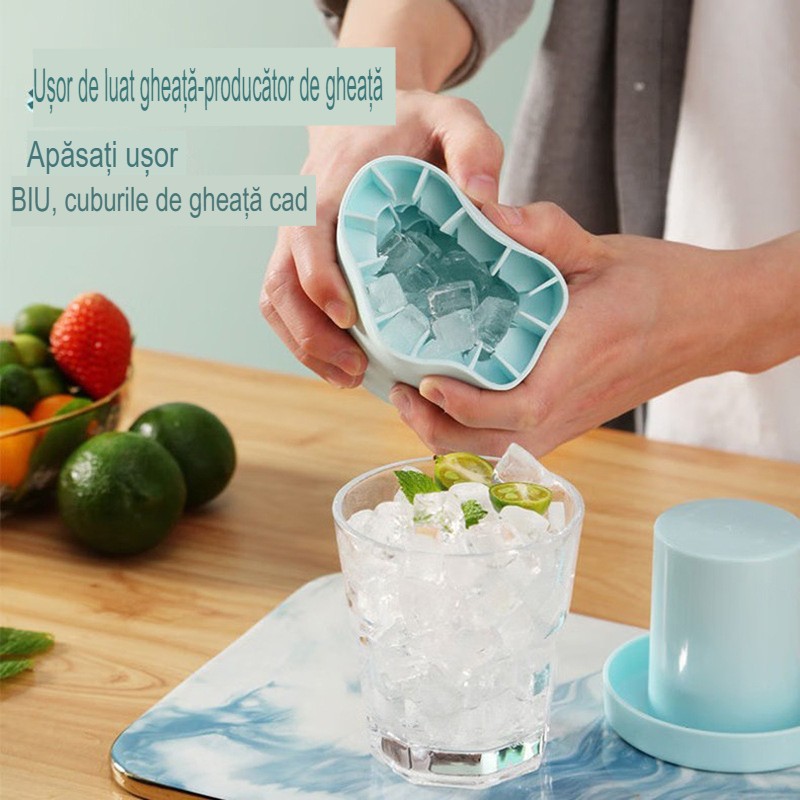 Tava de Gheata din Silicon cu Capac, , Forma de Gheata pentru Racirea Bauturilor, in Forma de Frapiera, Silicon fara BPA, Cuburi de Gheata, 9x8.5x8 cm, Albastru - imagine 2