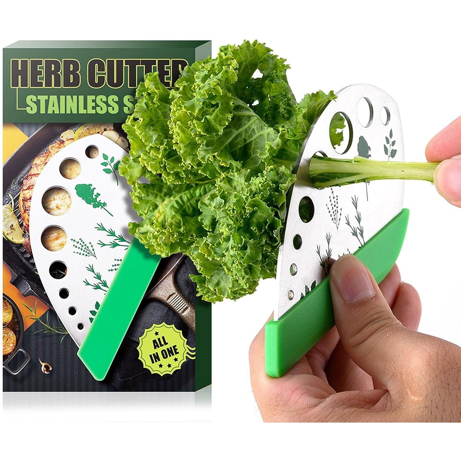 Tocator manual pentru ierburi , instrument de curatat frunze, margini ascutie, 9 gauri de diferite dimensiuni, multifunctional, material otel inoxidabil, maner ergonomic, rezistent la rugina, 12.3 x 6.9 cm, argintiu - imagine 3