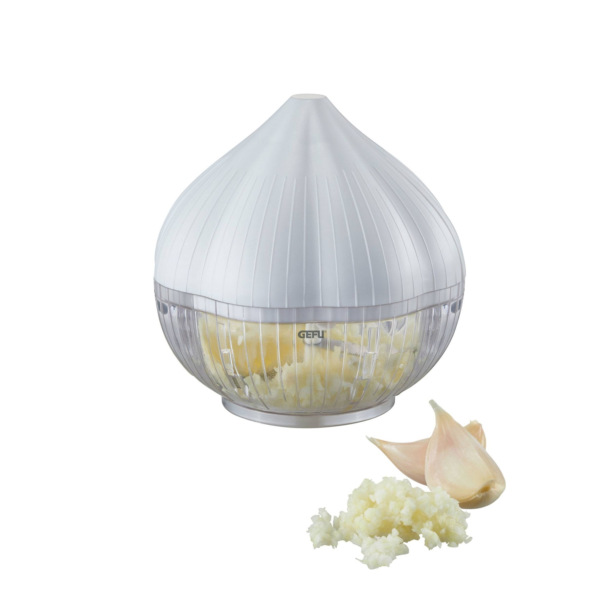 Tocator manual pentru usturoi, in forma de usturoi, cutite rezistente, utilizare prin apasare, material ABS si inox, 9.5x9.5x9.3 cm, alb - imagine 3