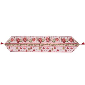Traversa de Masa pentru Craciun, , Napron, din Material Tricotat cu Tesatura Groasa, Model Globuri, Reni si Cadouri, cu Colt si Ciucure, 173x34x0.2 cm, Alb/ Rosu