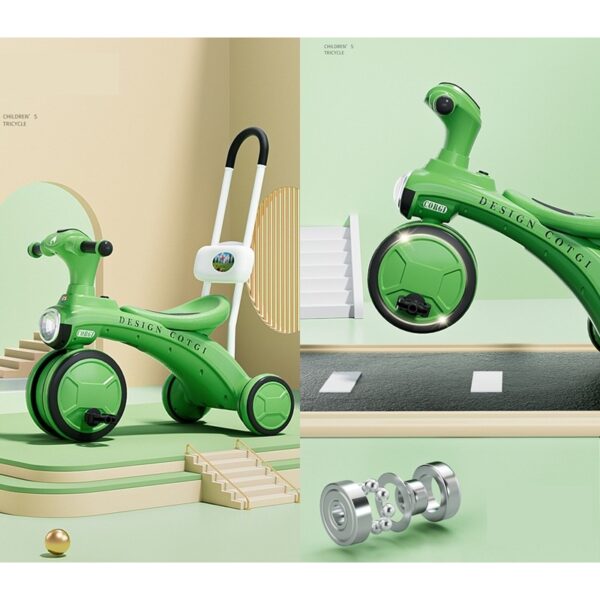 Tricicleta pentru copii , pedalare, impingere, lumini si sunete, pedale antiderapante, material dur, cos depozitare, varsta peste 18 luni, 80x40x52 cm, verde - imagine 2