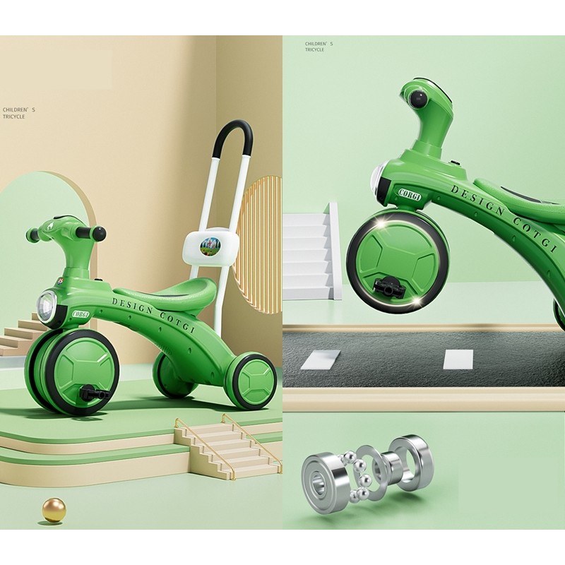 Tricicleta pentru copii , pedalare, impingere, lumini si sunete, pedale antiderapante, material dur, cos depozitare, varsta peste 18 luni, 80x40x52 cm, verde - imagine 2