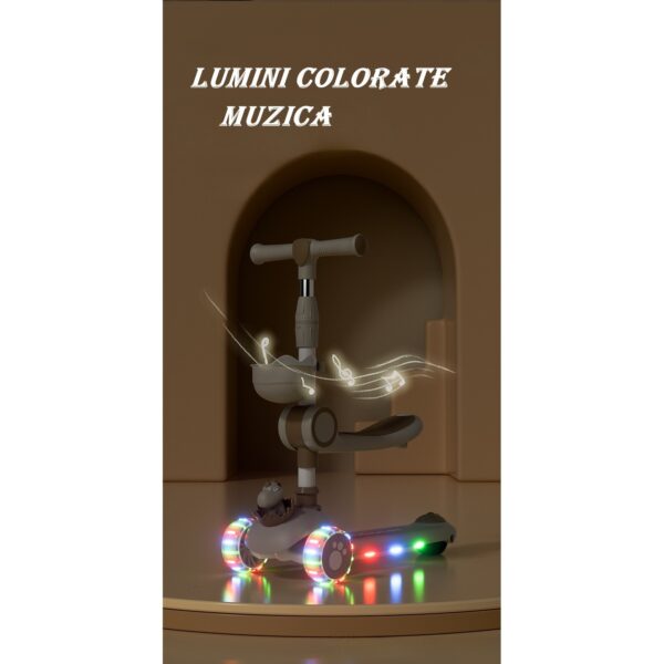 Trotineta Multifunctionala 3 in 1, , pentru Copii, 1-7 Ani, cu Lumini si Muzica, Reglabil 360, Pliere Usoara, Reglarea Inaltimii, Model Dinozaur, 67-76 x 24 x 55 cm, Alb/Bej - imagine 2