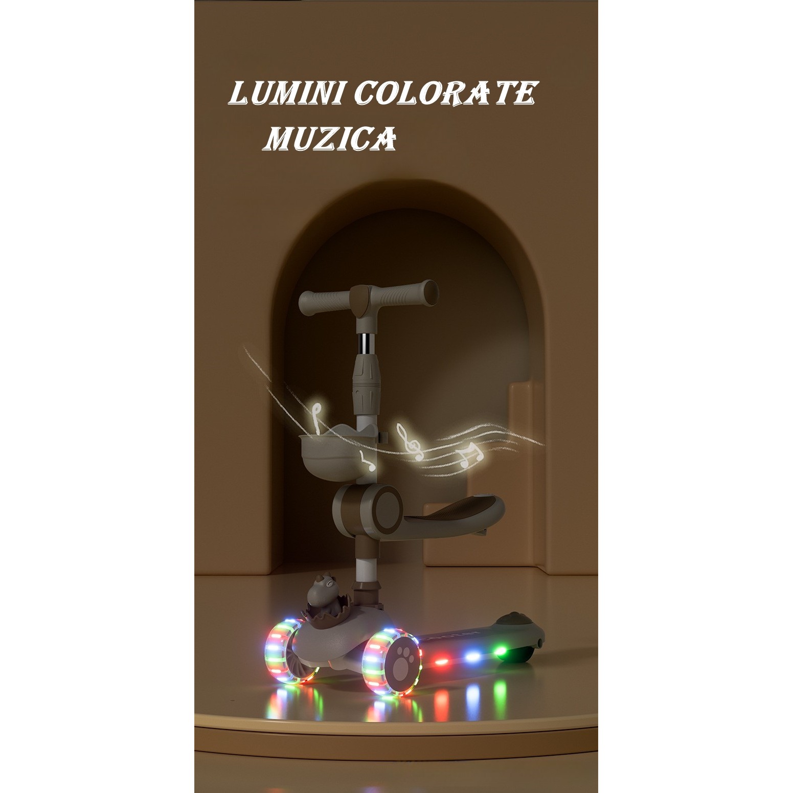 Trotineta Multifunctionala 3 in 1, , pentru Copii, 1-7 Ani, cu Lumini si Muzica, Reglabil 360, Pliere Usoara, Reglarea Inaltimii, Model Dinozaur, 67-76 x 24 x 55 cm, Alb/Bej - imagine 2