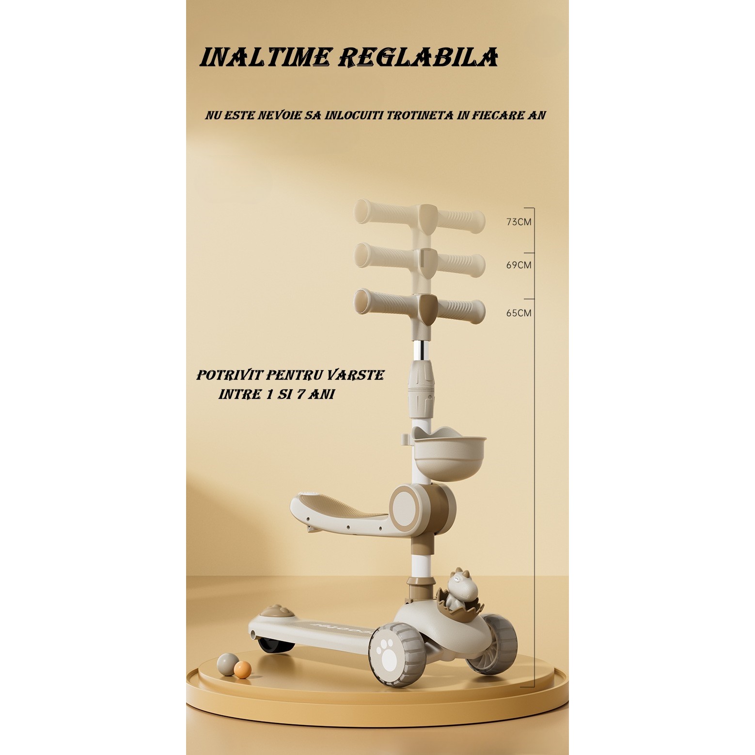 Trotineta Multifunctionala 3 in 1, , pentru Copii, 1-7 Ani, cu Lumini si Muzica, Reglabil 360, Pliere Usoara, Reglarea Inaltimii, Model Dinozaur, 67-76 x 24 x 55 cm, Alb/Bej - imagine 3