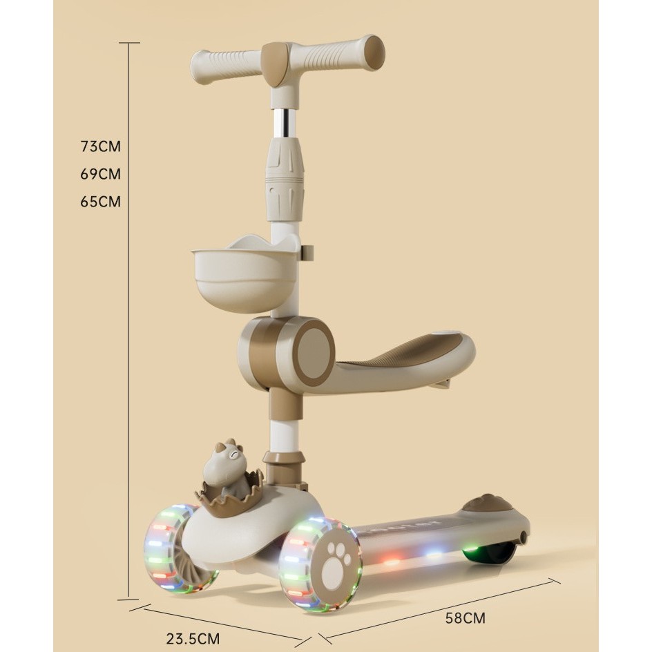 Trotineta Multifunctionala 3 in 1, , pentru Copii, 1-7 Ani, cu Lumini si Muzica, Reglabil 360, Pliere Usoara, Reglarea Inaltimii, Model Dinozaur, 67-76 x 24 x 55 cm, Alb/Bej - imagine 4