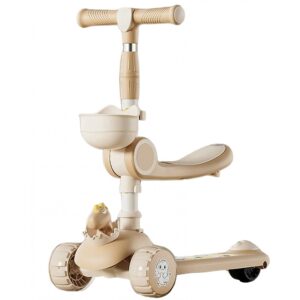 Trotineta Multifunctionala 3 in 1, , pentru Copii, 1-7 Ani, cu Lumini si Muzica, Reglabil 360, Pliere Usoara, Reglarea Inaltimii, Model Dinozaur, 67-76 x 24 x 55 cm, Alb/Bej