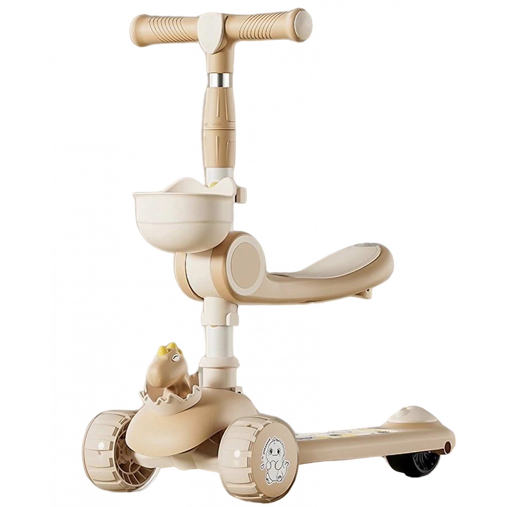 Trotineta Multifunctionala 3 in 1, , pentru Copii, 1-7 Ani, cu Lumini si Muzica, Reglabil 360, Pliere Usoara, Reglarea Inaltimii, Model Dinozaur, 67-76 x 24 x 55 cm, Alb/Bej