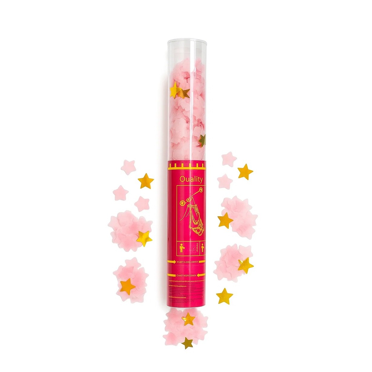 Tun de Confetti, , 40 cm, Model Stelute din Folie si Hartie, Ambalaj PET, Roz - imagine 2