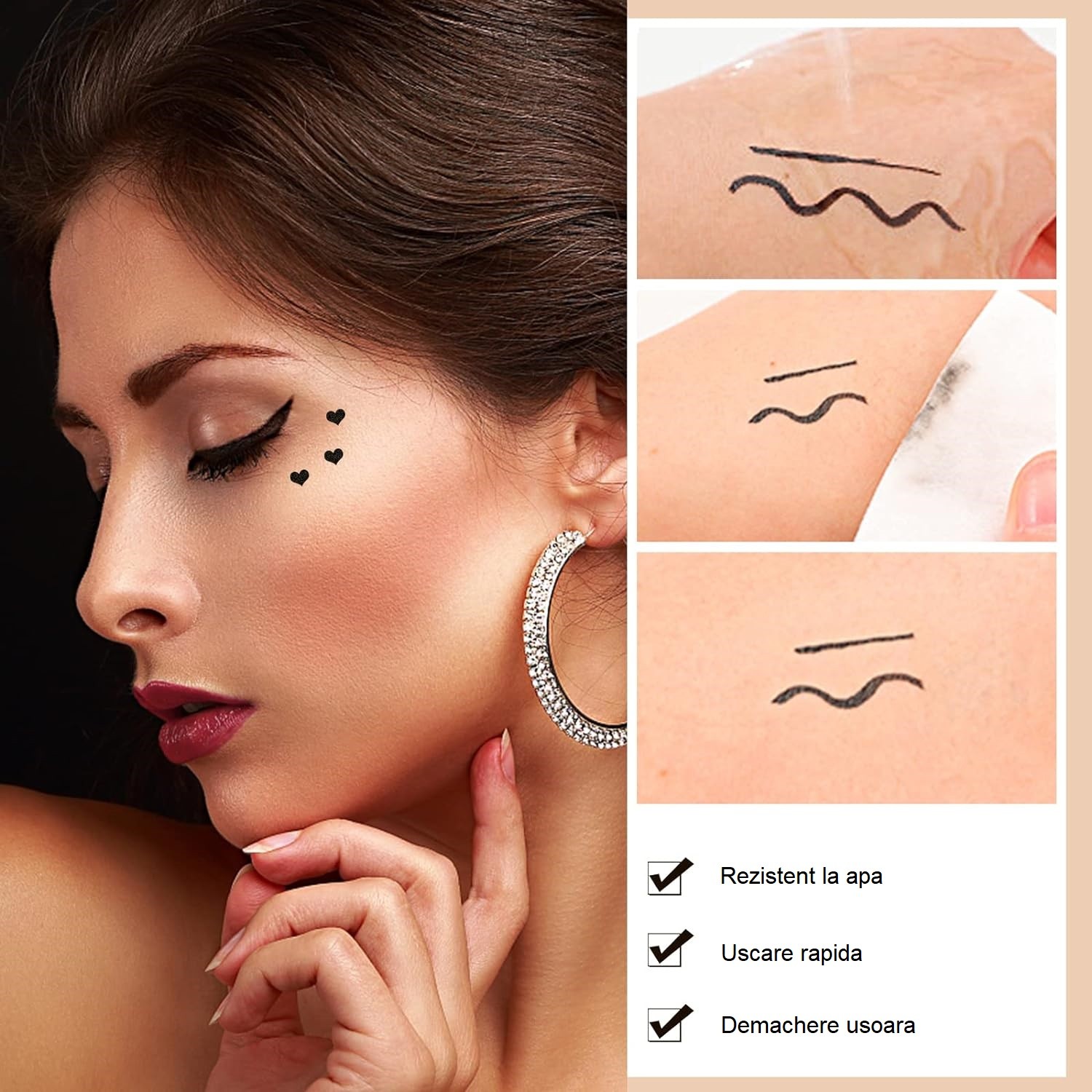 Tus Lichid pentru Ochi, , 2 Capete, Eyeliner si Stampila Inima, Pentru Ochi si Corp, 50 g, Rezistent la Apa, 12.7 x 3 cm, Negru - imagine 2