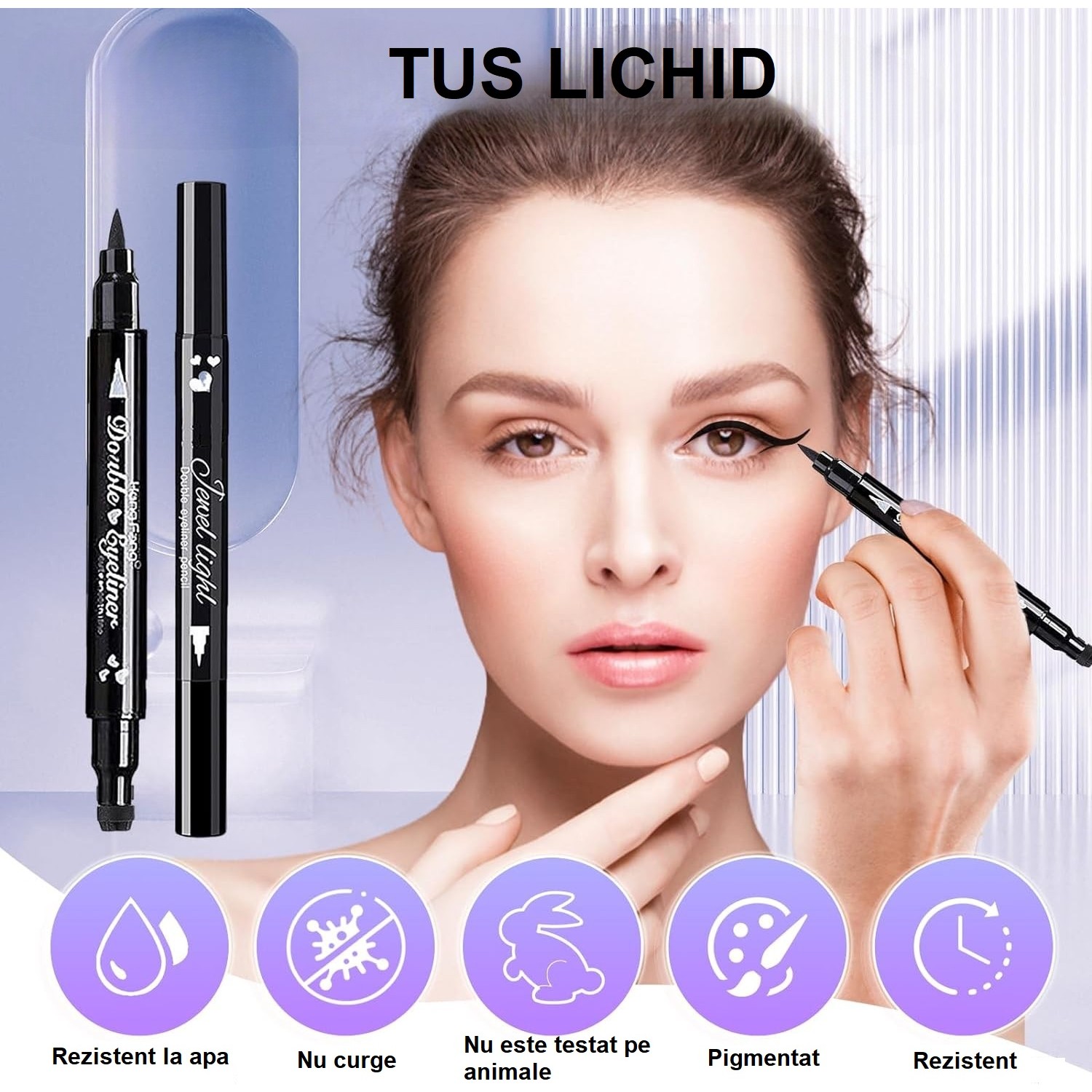 Tus Lichid pentru Ochi, , 2 Capete, Eyeliner si Stampila Inima, Pentru Ochi si Corp, 50 g, Rezistent la Apa, 12.7 x 3 cm, Negru - imagine 3