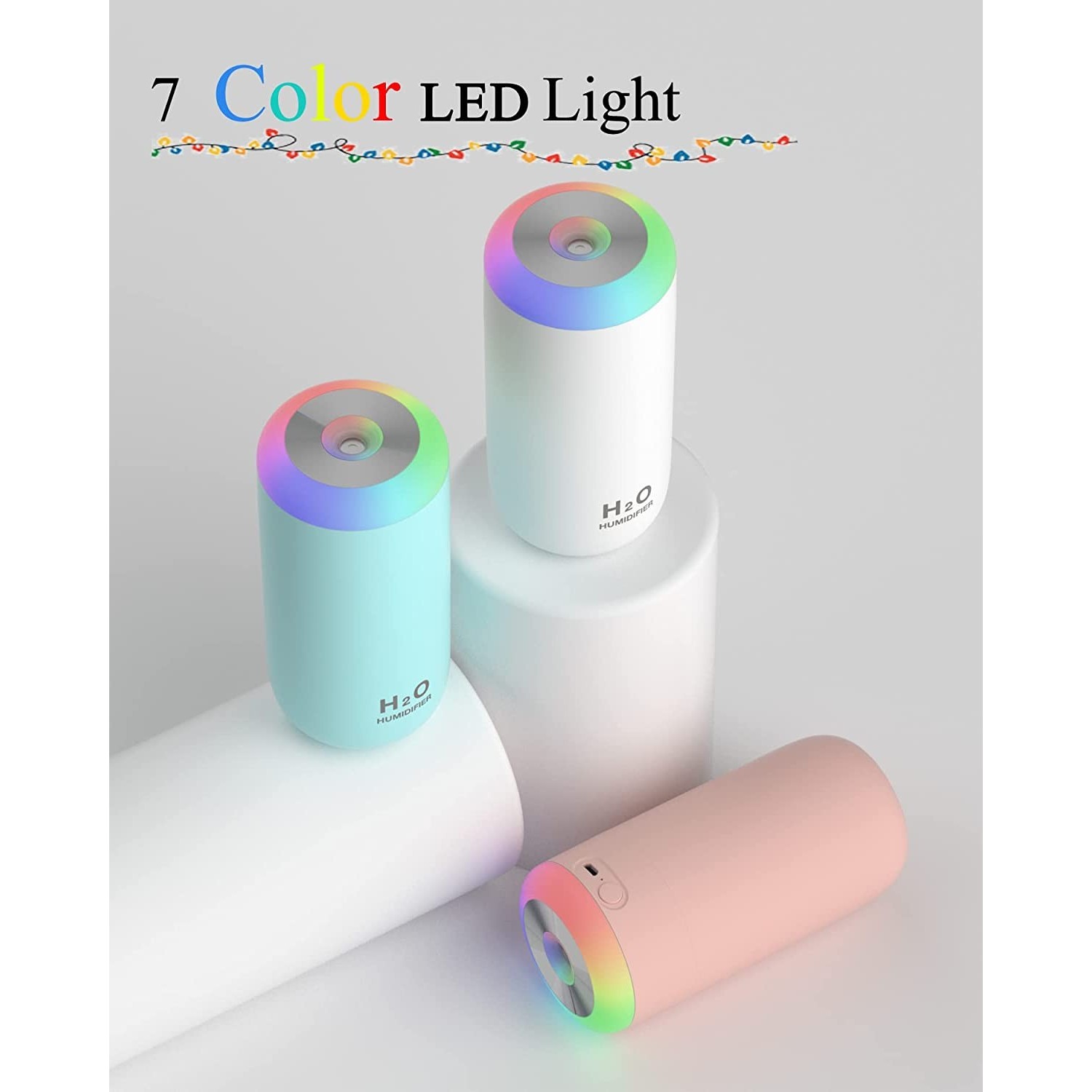 Umidificator, H2O, cu Difuzor de Aroma, Lumina de Noapte LED in 7 Culori, Zgomot Redus, 14.7x7.2cm, 350mL, Culoare Roz - imagine 2