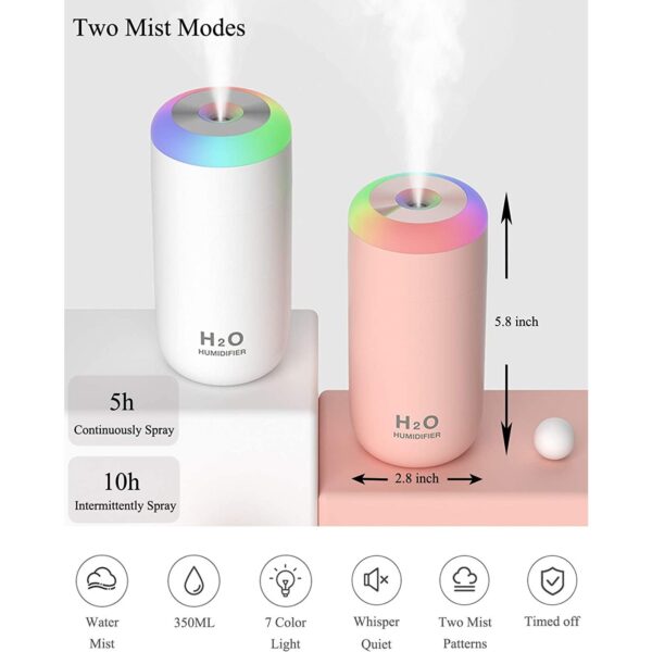 Umidificator, H2O, cu Difuzor de Aroma, Lumina de Noapte LED in 7 Culori, Zgomot Redus, 14.7x7.2cm, 350mL, Culoare Roz - imagine 3