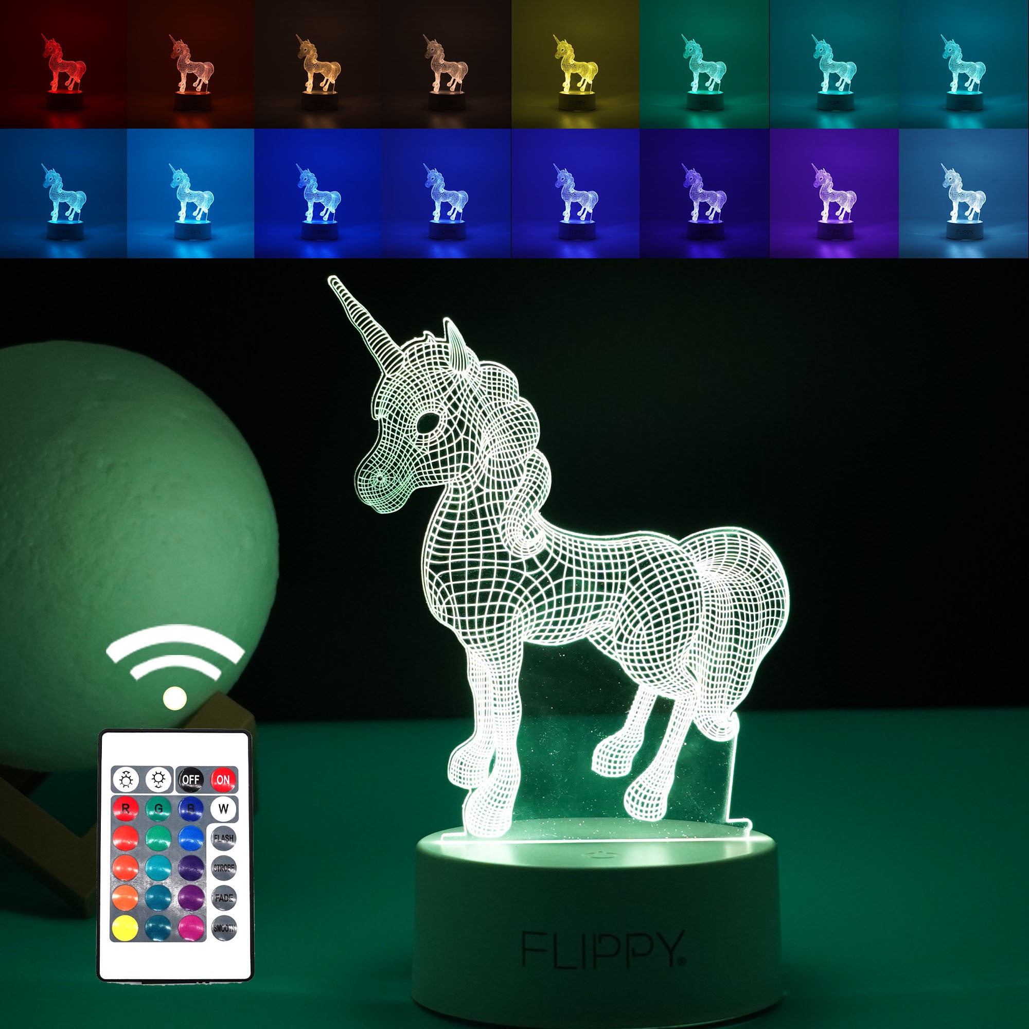 Lampa LED decorativa, , 3D, Unicorn, cu USB si baterii, 20 cm inaltime, din material acril, lumina multicolora si telecomanda inclusa, alb