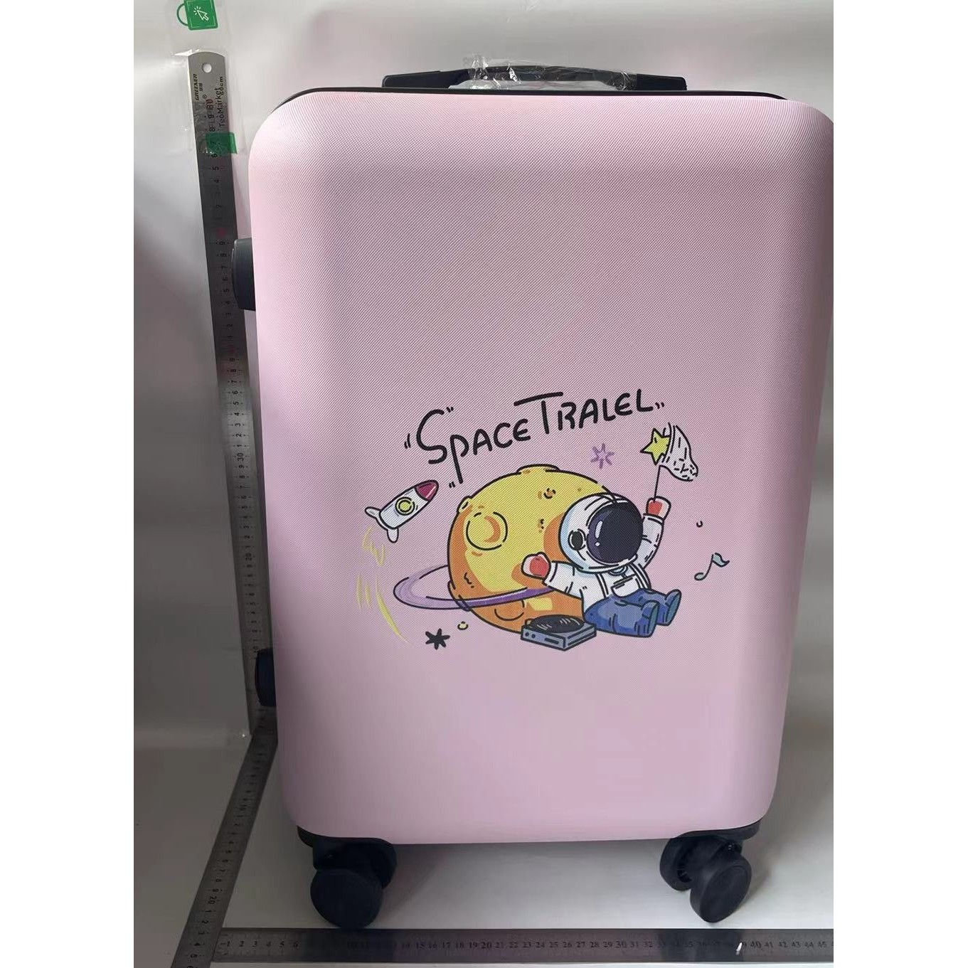 Troler de Calatorie, , 56 x 35 x 22 cm, 4 Roti, Maner Reglabil, din ABS, cu Fermoar, Blocare cu Cod, Impermeabil, Model Astronaut, Roz - imagine 2