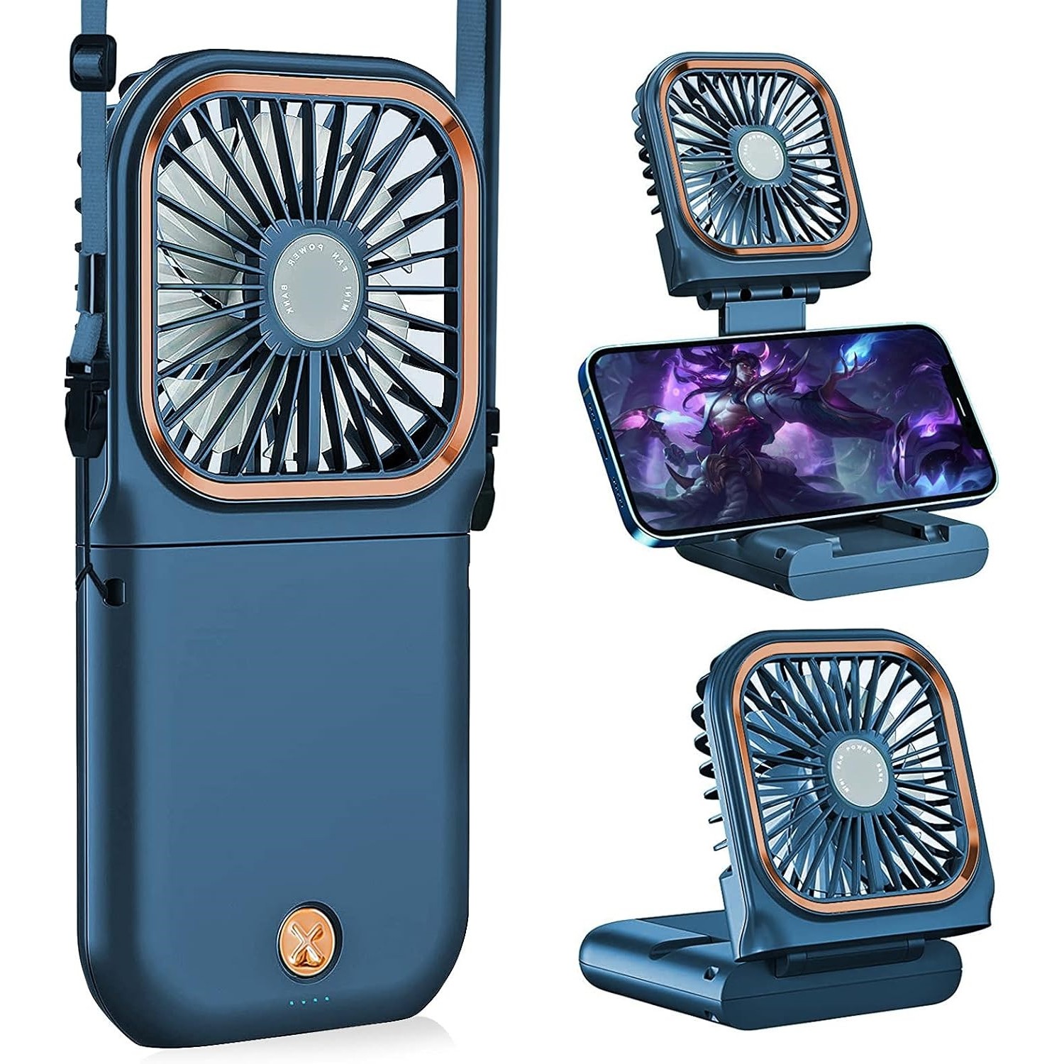 Ventilator Portabil , 3 in 1, de Mana, de Gat, de Birou, 16.7 x 8 x 1.9 cm, 3 Trepte de Viteza, Incarcare USB, Pliabil, Afisaj Digital, Suport Telefon, Albastru - imagine 2