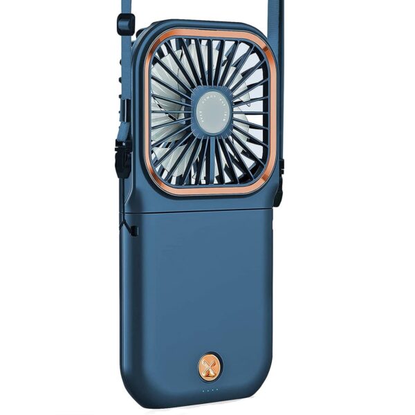 Ventilator Portabil , 3 in 1, de Mana, de Gat, de Birou, 16.7 x 8 x 1.9 cm, 3 Trepte de Viteza, Incarcare USB, Pliabil, Afisaj Digital, Suport Telefon, Albastru - imagine 3