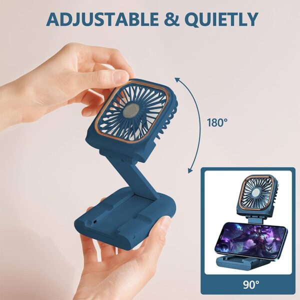 Ventilator Portabil , 3 in 1, de Mana, de Gat, de Birou, 16.7 x 8 x 1.9 cm, 3 Trepte de Viteza, Incarcare USB, Pliabil, Afisaj Digital, Suport Telefon, Albastru - imagine 4