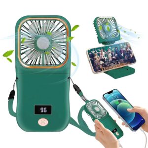 Ventilator Portabil , 3 in 1, de Mana, de Gat, de Birou, 16.7 x 8 x 1.9 cm, 3 Trepte de Viteza, Incarcare USB, Pliabil, Afisaj Digital, Suport Telefon, Verde