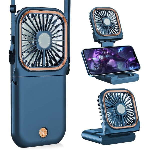 Ventilator Portabil , 3 in 1, de Mana, de Gat, de Birou, 16.7 x 8 x 1.9 cm, 3 Trepte de Viteza, Incarcare USB, Pliabil, Afisaj Digital, Suport Telefon, Albastru