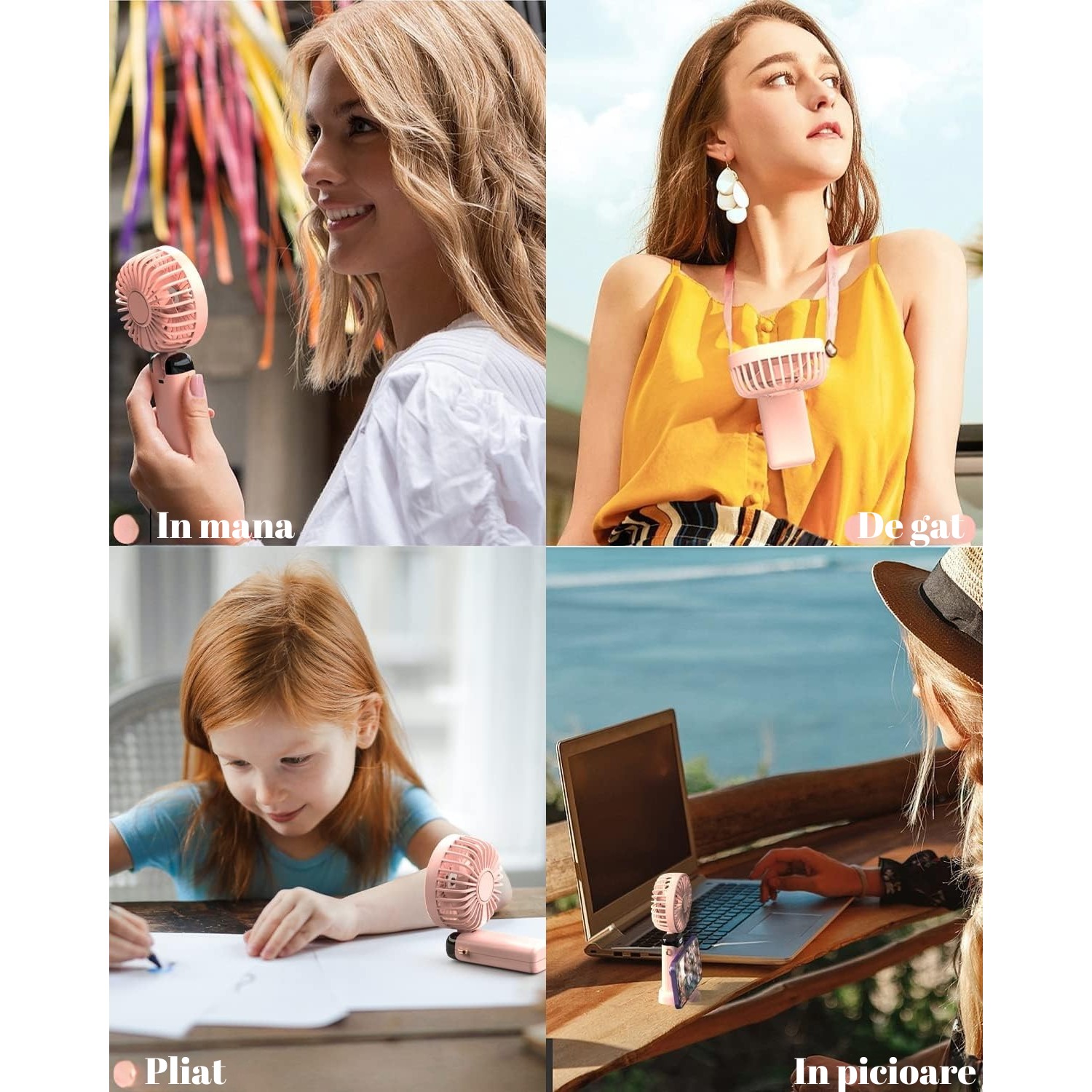 Ventilator Ultra Portabil cu Aromaterapie, , 3 in 1, de Mana, de Birou, de Gat, 5 Trepte de Viteza, Incarcare USB, Autonomie 12h, Pliabil, cu Ecran LCD, Roz - imagine 3